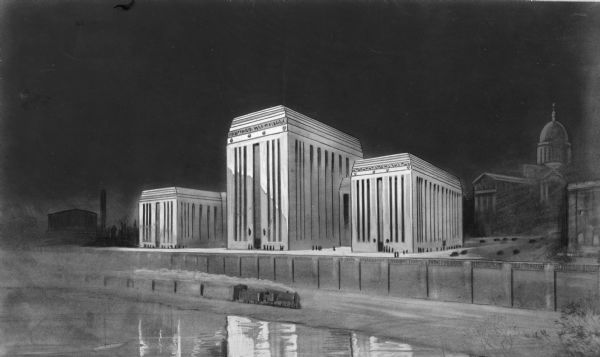 A chalk rendering of the proposed State Office Building by State Architect, Arthur Peabody. The Wisconsin State Capitol is visible in the background.