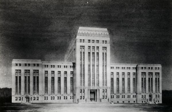 A drawing of a State Office Building as originally proposed.