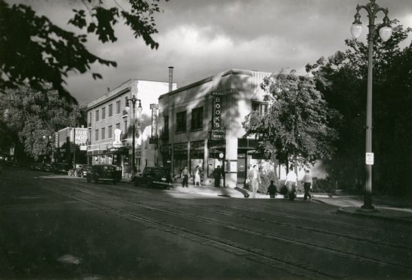 A shaded view of Brown's Bookstore, 673 State Street.