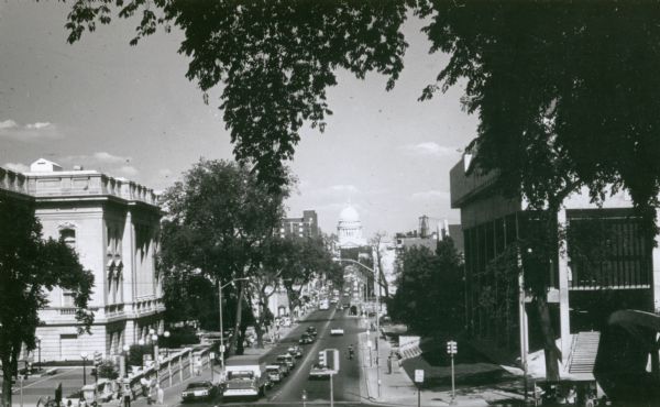View of State Street looking east towards the Wisconsin State Capitol from Bascom Hill (on the University of Wisconsin-Madison campus). The Wisconsin Historical Society is in the left foreground.
