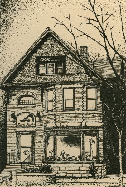 An illustration of The Sacred Feather, a shop that sells hats and leather goods, located at 417 State Street.