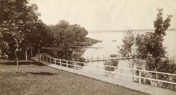 view from the hotel of the expansive grounds of the Tonyawatha Spring Hotel on Lake Monona. Located in Blooming Grove Township, the hotel was opened in 1879. It was destroyed by a fire on July 31, 1895.
