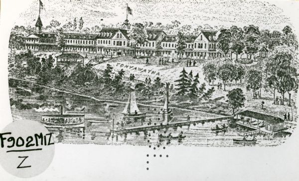 View of the Tonyawatha Spring Hotel grounds, located on Lake Monona in Blooming Grove Township, just outside of Madison. The hotel opened in 1879 and on July 31, 1895, was destroyed by a fire.