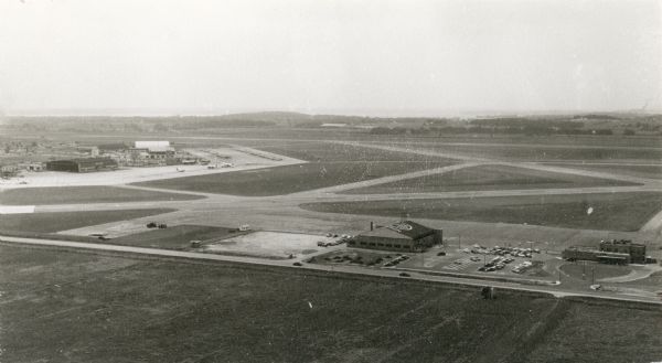 An aerial view at Truax Field showing the Municipal Airport Administration Building.