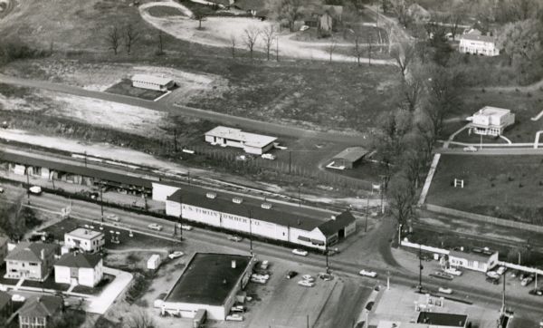 Aerial view of University Avenue near the Veteran's Administration Hospital. The J.S. Timlin Lumber Company is along University Avenue.
