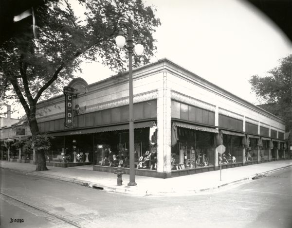 View of the University Co-op at the corner of State and Lake Streets.