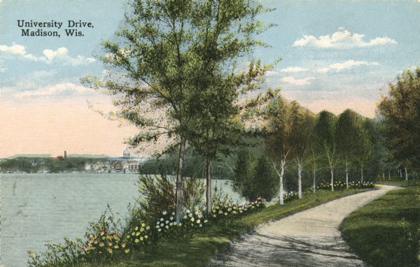 View of tree-lined University Drive on the shores of Lake Mendota. The Wisconsin State Capitol is visible in the background. Caption reads: "University Drive, Madison, Wis."
