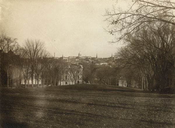View of downtown Madison and the Wisconsin State Capitol building from Bascom Hill on the University of Wisconsin campus.