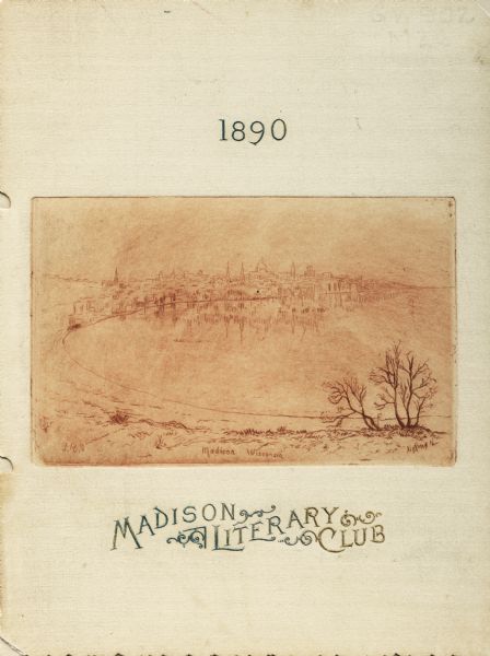 Drawing depicting a distant view across water towards the city of Madison.