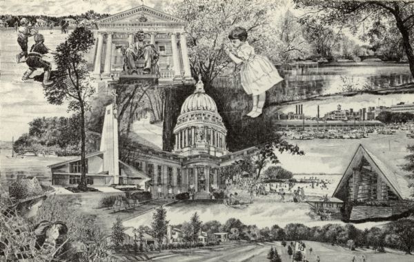 Views of popular sites in Madison. Numerous different types of recreation are depicted, along with popular sites such as the Wisconsin State Capitol building, the First Unitarian Meeting House on University Bay Drive, and Bascom Hall.