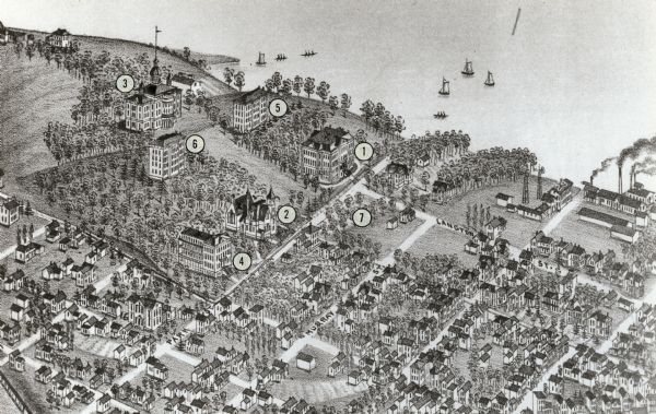 A detail from a larger lithograph depicting the entire city of Madison. This detail illustrates the University of Wisconsin campus buildings circa 1885.