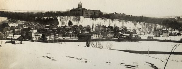 A wintery view of Bascom Hill and surrounding neighborhoods.