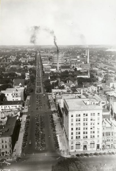 Elevated ciew of East Washington Avenue and its surrounding area from the Wisconsin State Capitol dome.