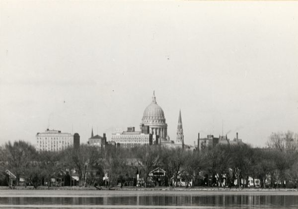 View of the Wisconsin State Capitol building and the surrounding area from Lake Monona.