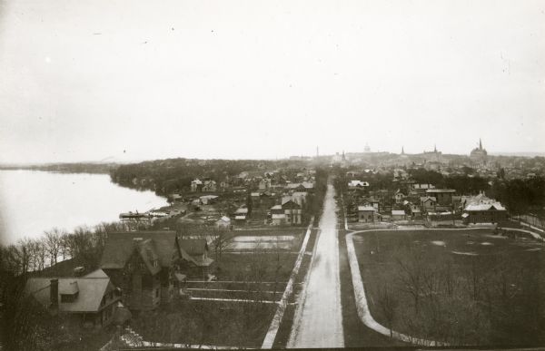 Looking east down Langdon Street from Science Hall. In the distance is the Wisconsin State Capitol. Lake Mendota is on the left.