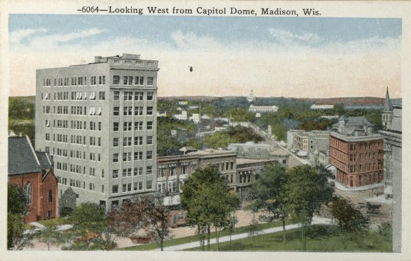Elevated view looking west from the Wisconsin State Capitol dome. Caption reads: "Looking West from Capitol Dome, Madison, Wis."