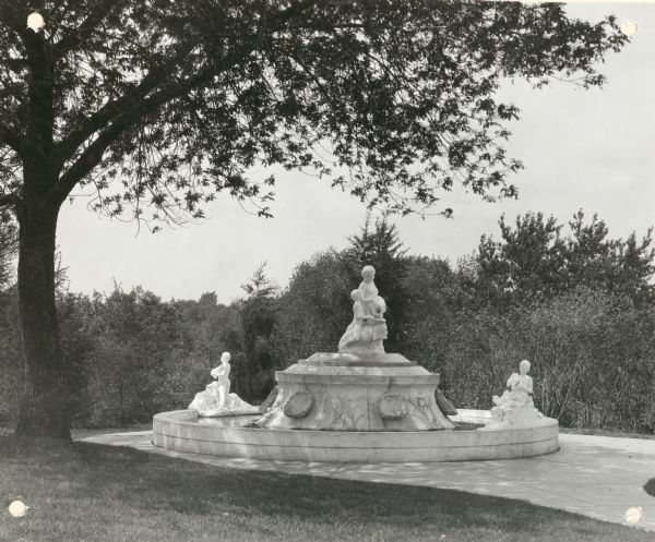View of Memorial Fountain at Vilas Park. The lower two statues are of children and the center fountain is of a mother and child.