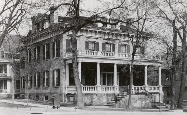 An exterior view of the Levi B. and Ester Smilie Vilas mansion, located at 521 North Henry Street. Built around 1851, the house was later used by the Phi Gamma Delta and then the Sigma Phi Epsilon until the house was demolished in 1965.