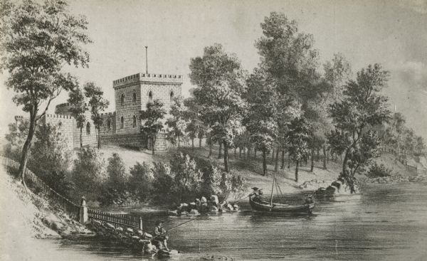 View of the shoreline on the Walker Castle grounds. Two men are boating while a young boy fishes from the shore.
