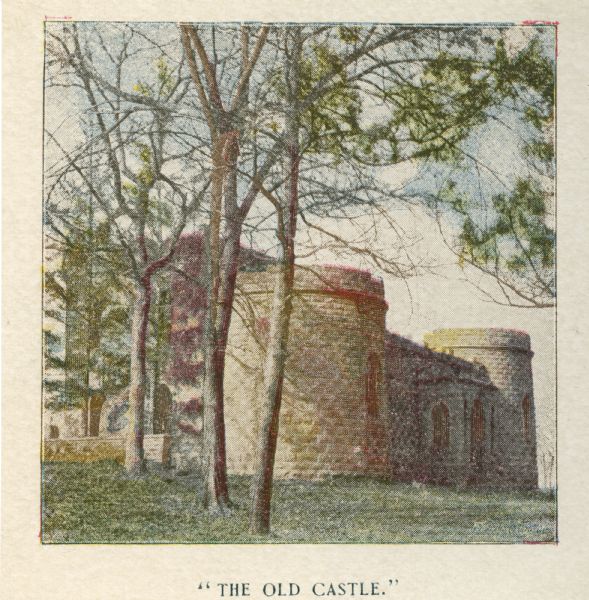 Exterior view of Walker Castle, 1862-1893, 900 block East Gorham Street, and surrounding trees. Caption on the print reads, "The Old Castle"