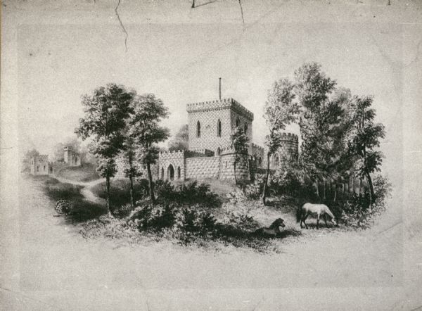 View of the grounds of Benjamin Walker Castle, 1862-1893 in the 900 block of East Gorham Street.