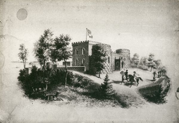Benjamin Walker Castle, 1862-1893, 900 block East Gorham Street. There are two deer are the left near trees, and two people are on horseback near the front of the castle.