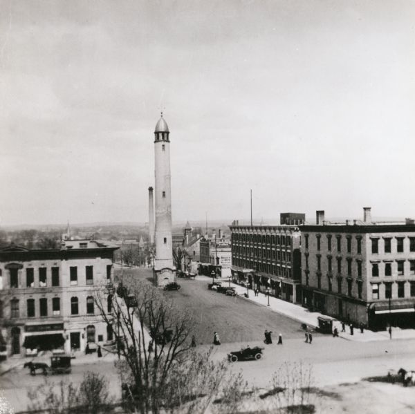 Elevated view from the Wisconsin State Capitol looking east, towards the old Water Works tower on East Washington Avenue.