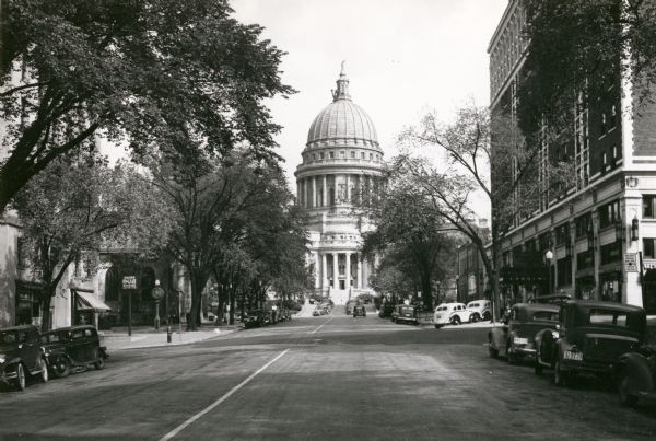 View of the Wisconsin State Capitol as seen from the Loraine Hotel on West Washington Avenue.
