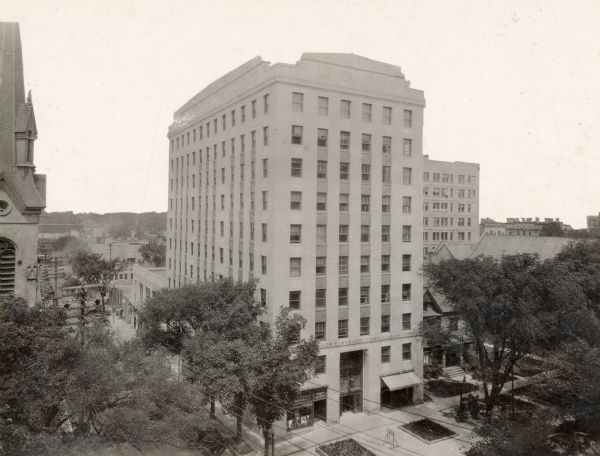 Elevated view of the Wisconsin Power and Light Company building, located at 122 West Washington Avenue.