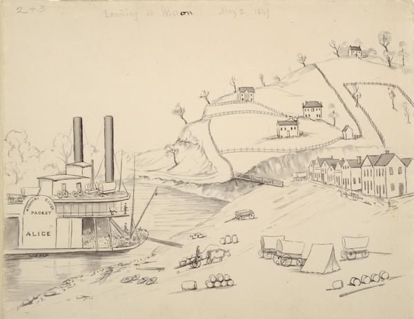 The ferry landing in Weston, Missouri; Sketched by Wilkins on his 151-day journey from Missouri to California on the Overland Trail (also known as the Oregon Trail).