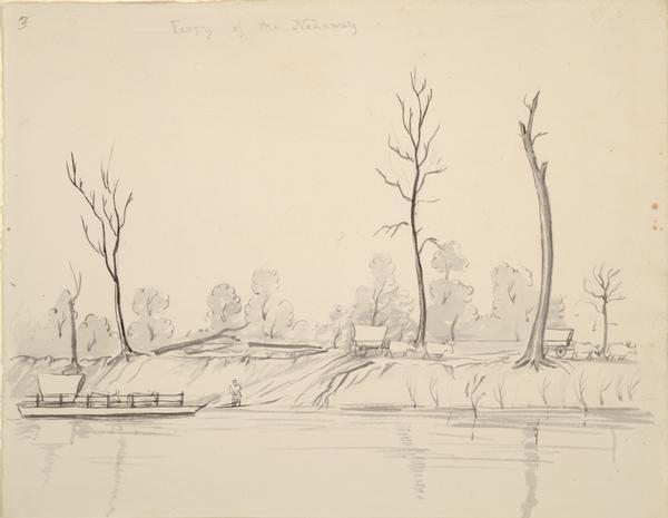 The ferry at Nodaway, Missouri; Sketched by Wilkins on his 151-day journey from Missouri to California on the Overland Trail (also known as the Oregon Trail). Wilkins describes the country as "beautiful, soil rich, timber and prairie well interspersed and a great many more settlements than I had any idea of..."