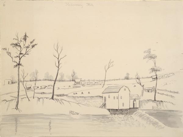 The Mill in Nodaway, Missouri; Sketched by Wilkins on his 151-day journey from Missouri to California on the Overland Trail (also known as the Oregon Trail). Wilkins describes the country as "beautiful, soil rich, timber and prairie well interspersed and a great many more settlements than I had any idea of..." Three wagons led by oxen are included in the view.