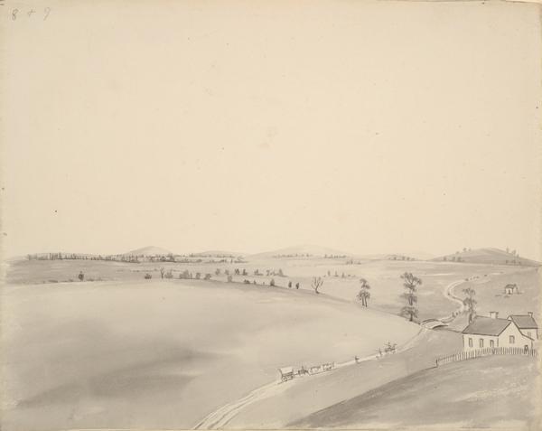A farm in Missouri with one wagon visible. Sketched by Wilkins on his 151-day journey from Missouri to California on the Overland Trail (also known as the Oregon Trail).