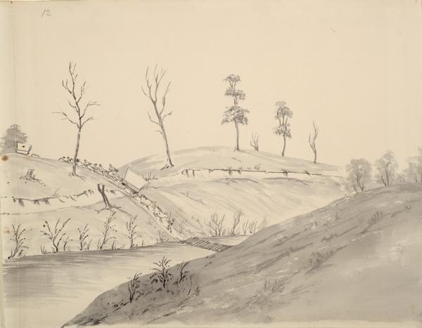 Wilkins' wagon procession crossing a creek in Missouri; Sketched by Wilkins on his 151-day journey from Missouri to California on the Overland Trail (also known as the Oregon Trail).