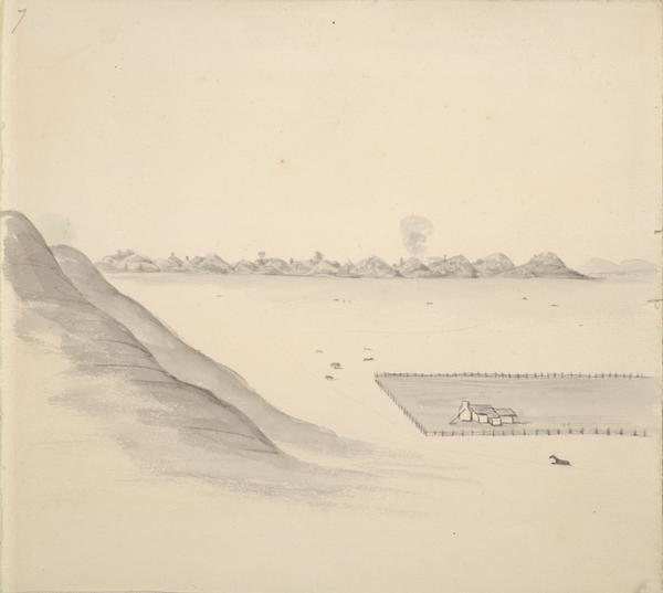 The bottom lands and a farm in Missouri; Sketched by Wilkins on his 151-day journey from Missouri to California on the Overland Trail (also known as the Oregon Trail).