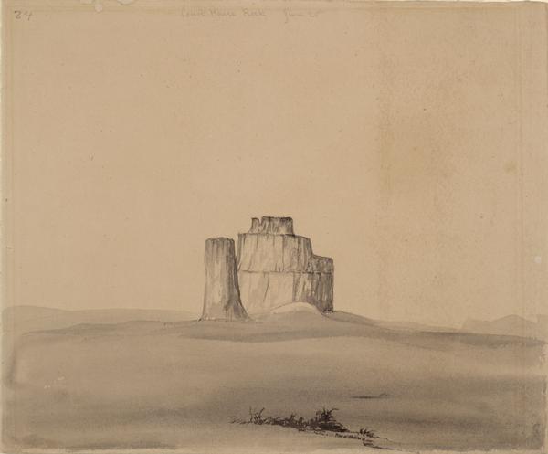 Jail and Courthouse Rocks in Nebraska; Sketched by Wilkins on his 151-day journey from Missouri to California on the Overland Trail (also known as the Oregon Trail).