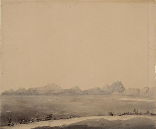 The clay hills that were formed by the Sweetwater River in Wyoming; sketched by Wilkins on his 151-day journey from Missouri to California on the Overland Trail (also known as the Oregon Trail).
