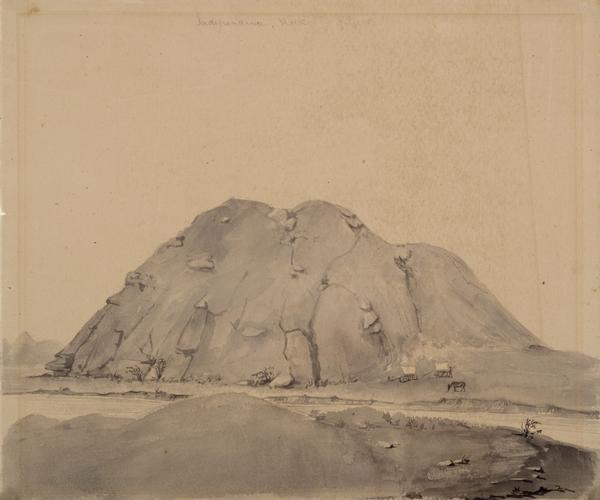 Independence Rock (the perceived midway point on the Oregon Trail),Wyoming, with two wagons unhitched at the base of the rock; sketched by Wilkins on his 151-day journey from Missouri to California on the Overland Trail (also known as the Oregon Trail).