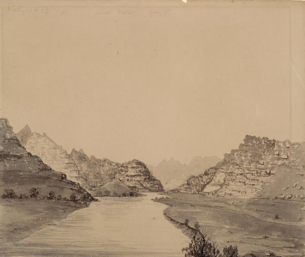 Sweetwater River in Wyoming; sketched by Wilkins on his 151-day journey from Missouri to California on the Overland Trail (also known as the Oregon Trail).