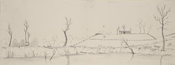 Nodaway, Missouri; Sketched by Wilkins on his 151-day journey from Missouri to California on the Overland Trail (also known as the Oregon Trail). Wilkins describes the country as "beautiful, soil rich, timber and prairie well interspersed and a great many more settlements than I had any idea of..."