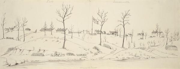 Fort Leavenworth with trees, buildings and American flag. The fort was established by Colonel Henry Leavenworth to protect the Santa Fe trail against the Indians. Sketched by Wilkins on his 151-day journey from Missouri to California on the Overland Trail (also known as the Oregon Trail).