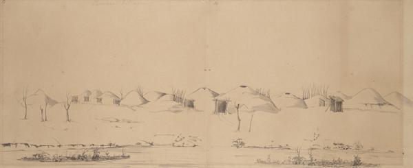 Deserted Pawnee village in Nebraska. Sketched by Wilkins on his 151-day journey from Missouri to California on the Overland Trail (also known as the Oregon Trail). Wilkins writes about an encounter with a poor Pawnee family in his diary: "They were the most miserable family of Indians I ever saw. Sunk to the very lowest ebb of misery starvation and poverty. They had no arms except a bow and arrows, no horses and almost naked. The woman had on a buffalo robe, the man nothing but an old coffee sack, and the children a bit of buckskin round their middle. Their knives being all the property they had, this was the nearest link to the brute creation I had ever seen. I was informed by a man from Fort Childs that 55 perished from want last winter."