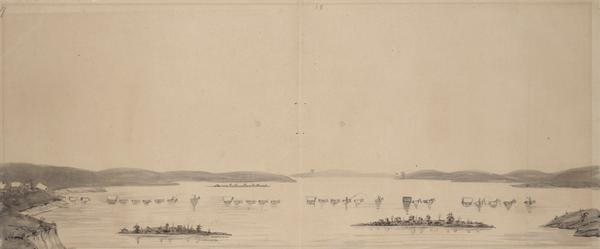 Wagon train crossing the South Platte River in Nebraska; Sketched by Wilkins on his 151-day journey from Missouri to California on the Overland Trail (also known as the Oregon Trail).