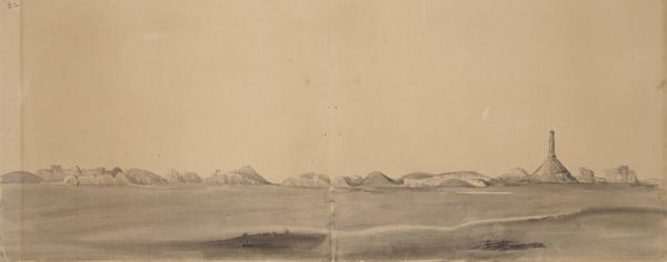 Chimney Rock in Nebraska; Sketched by Wilkins on his 151-day journey from Missouri to California on the Overland Trail (also known as the Oregon Trail). Wilkins briefly mentions the landform in his diary, but chooses not to describe it due to this sketch.