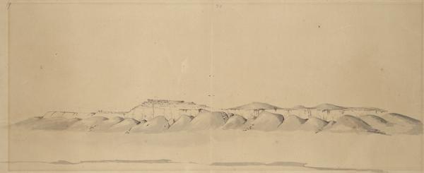 Hills along the (South) Platte River in Nebraska; Sketched by Wilkins on his 151-day journey from Missouri to California on the Overland Trail (also known as the Oregon Trail). Wilkins writes in his diary: "The road here leaves the river for a time, and enters an amphitheatre of bluffs, where these castle-like rocks are on all sides."