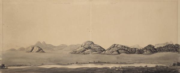 Sweetwater River and the Red Buttes in Wyoming; sketched by Wilkins on his 151-day journey from Missouri to California on the Overland Trail (also known as the Oregon Trail).