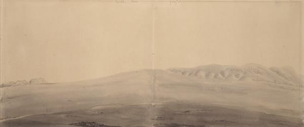 South Pass in Wyoming; sketched by Wilkins on his 151-day journey from Missouri to California on the Overland Trail (also known as the Oregon Trail). Wilkins writes in his diary: " Came thro' the South Pass yesterday, without scarcely being sensible of any change. The road for 8 miles preceeding the summit is very good and nearly on a dead level."