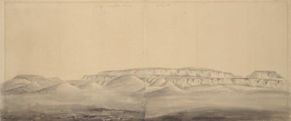 Bluff near Green River, where Wilkins' wagon train crossed by ferry; sketched by Wilkins on his 151-day journey from Missouri to California on the Overland Trail (also known as the Oregon Trail).