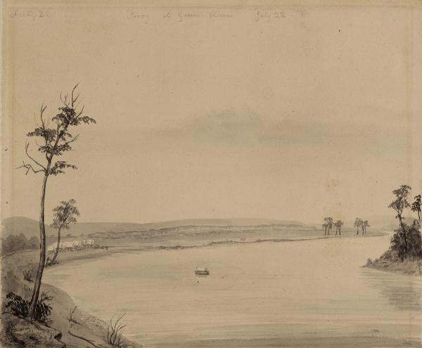 The Ferry at Green River in Wyoming; a single wagon is crossing the river. Sketched by Wilkins on his 151-day journey from Missouri to California on the Overland Trail (also known as the Oregon Trail).
Wilkins writes in his diary: "We passed the ferry for a miracle without accident, a more crazy thing to call a boat I never saw. It required one man to bail all the time, while another at every trip kept stuffing in bits of rag. We had a great dispute about paying the full amount of ferage, which is still unsettled; the owner telling us if we would find a yoke of oxen to cordell the boat and otherwise assist, he would allow us for it, which afterwards he refused to do, but wanted the full amount."
