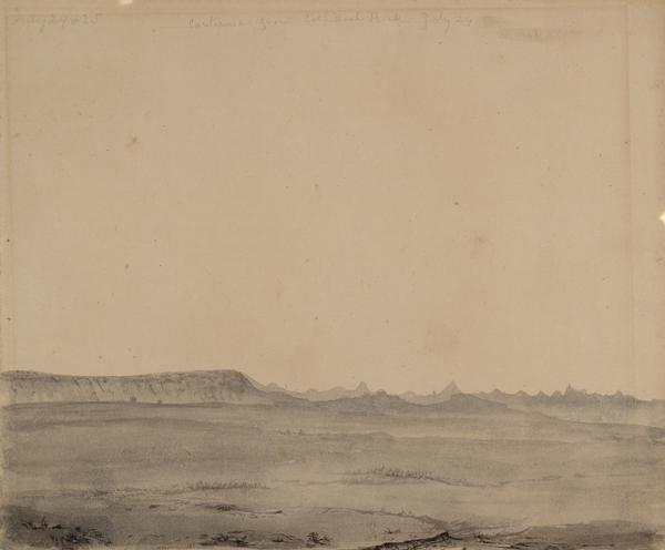 Cathedral Rock in Wyoming; sketched by Wilkins on his 151-day journey from Missouri to California on the Overland Trail (also known as the Oregon Trail).